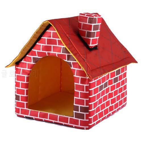 Warm Indoor Soft Dog Kennel with Chimney Pet Large House Simulation Brick Doggy Beds with Mat Indoor Polyester Nest Tent