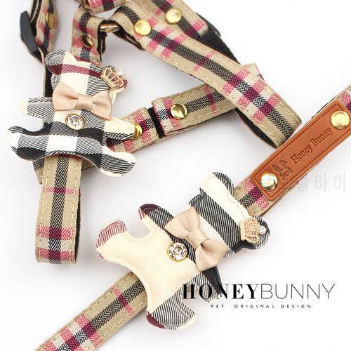 Pet Dog Harness Leash 2 Sets Classic Check Bow Teddy Collar Dog Walking Rope Chain For Small Medium Pet Harness Suit Leash Set