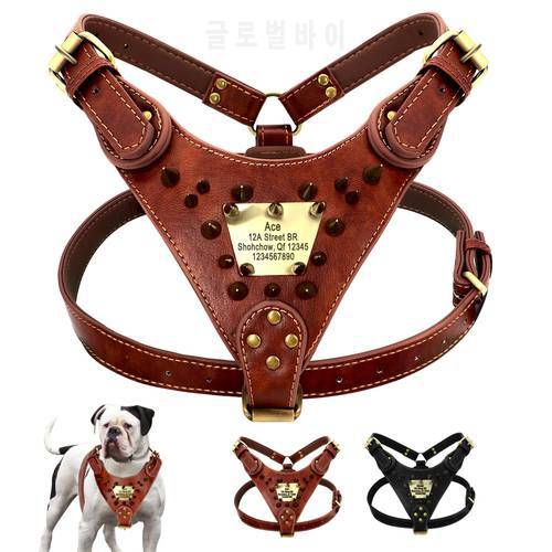 Custom Leather Dog Harness Spiked Studded Dog Harness Vest Personalized ID Leather Harness for Medium Large Dogs Pitbull Bulldog