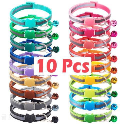 10Pcs Wholesale With Bell Collars Delicate Safety Reflective Nylon Dog Collars Neck Strap Fashion Adjustable Pet Cat Dog Collar