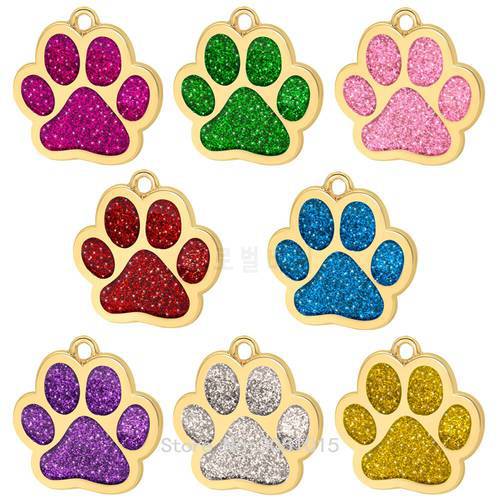Wholesale 20Pcs Golden Personalized Dog ID Tags Engraved Cat Dog Puppy Pet ID Name Tag Pendant Pet Accessories Paw Glitter plate