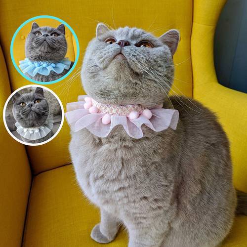 Gauze Lace Pink Kitten Collar Plush Ball Pretty Cat Dog Necklace Cat Accessories Sweet Pet Bows Scarf Neck Decor Yorkie Bluecat