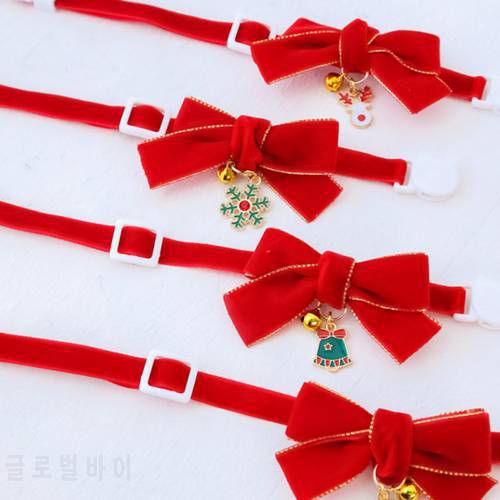 Christmas Pet Red Bow Tie Santa Claus Elk Snowflake Pet Adjustable Collar Kitten Dog Collar Bell Safety Buckle Necklace Pet Bow