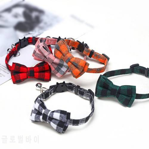 Plaid Grid Cat Collar With Bell Fashion Adjustable Pet Collar With Bow Tie Cat Head Supplies Cotton Striped Bowknot Necklace