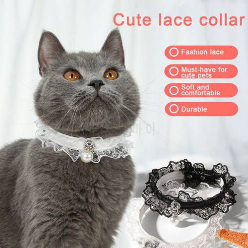 PU Leather Adjustable Cat Collar with Bell Puppy Kitty Necklace Black White Lace Pet Small Medium Dog Collar