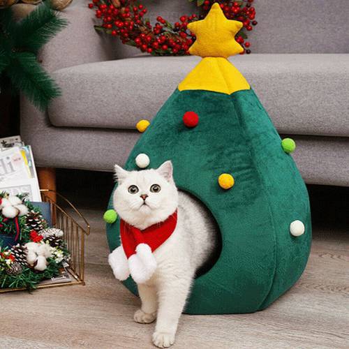 Christmas Tree Cat House Dog Bed Cat Cozy Tent Cave Bed Washable Cat Mat Warm Soft Winter Cat House Pet Supplies Pet Bed