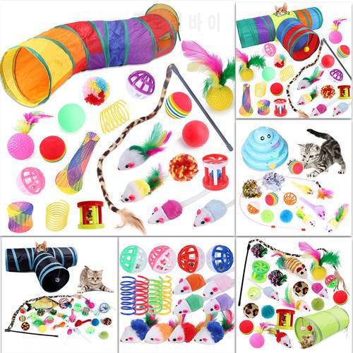 Pets Cat Toys Kitten Toys Set Collapsible Cat Tunnels Cat Feather Teaser Wand Interactive Feather Toy Fluffy Mouse Crinkle Balls