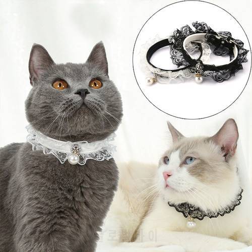 PU Leather Adjustable Cat Collar Bell Collar Puppy Necklace Black White Lace Pearl Pendant Pet Collar Small Medium Dog Collar