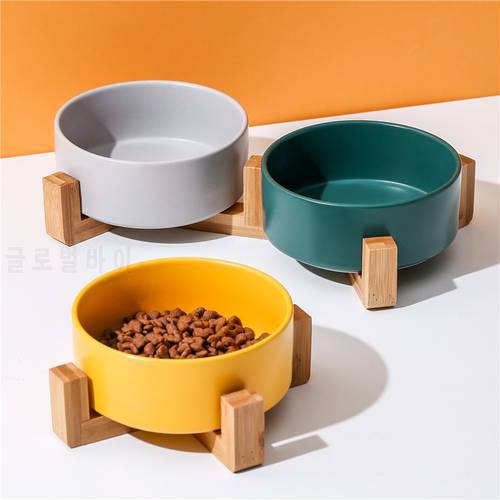Ceramic Dog Bowl Cat Food Water Bowls with Wood Stand No Spill Large Feeder Dish for Dogs Cats Feeding Puppy Bowls Pet Supplies