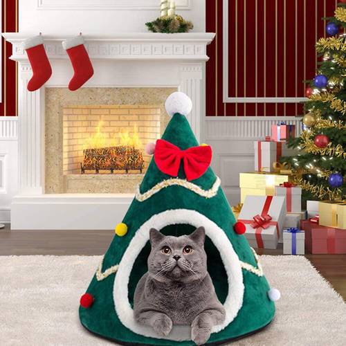 Washable Pet Cat Dog House Christmas Kennel Puppy Cave Sleeping Bed Christmas Tree Shaped Pet House Winter Warm Bed Pet Supplies