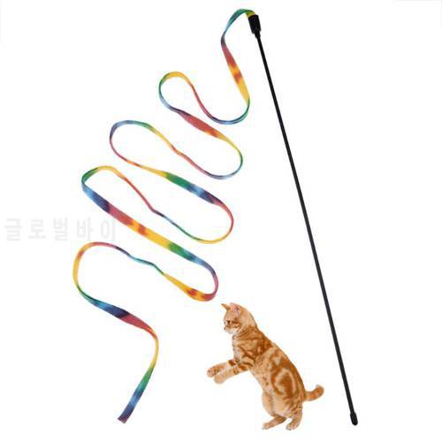 1PC Cat Toy Colorful Cute Funny Rod Teaser Wand Plastic Pet Toys Cats Interactive Stick Double-sided Rainbow Ribbon Cat Supplies
