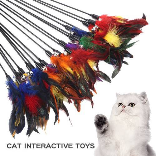 Cat Toy Feather with Bell Cat Teaser Wand Cat Interactive Toy Funny Colorful Rod Teaser Wand Pet Cat Supplies Cat Accessory