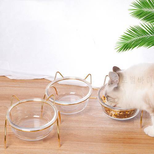 Cat Double Bowls Pet Transparent Glass Bowl with Raised Stand Non-slip Pet Food Water Feeder for Cat Dog Pet Feeding Bowl