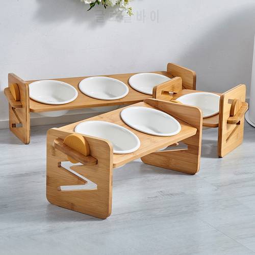 2023 New Pet Dog Bowl Raised Height Adjustable Bamboo Food And Water Tray Wooden Stand Puppy Pet Cat Neck Care Raised Stand Bowl