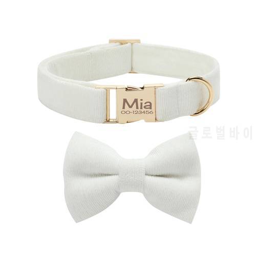 White Personalized Dog Collar Bow and Leash Set,Velvet Dog Collar Wedding, Small Dog Collar,Luxury Dog Collar with Name Engraved