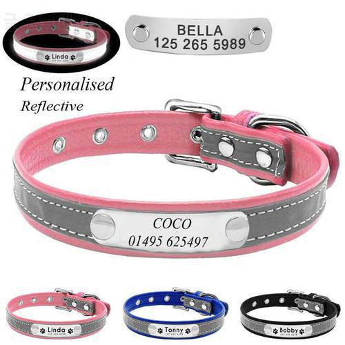 New Cute Reflective Leather Necklace Dog Cat ID Collar Custom Engraved Personalized Dog Collar Dog Accessories French Bulldog