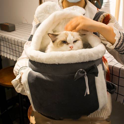 Pet Cat Bag Cute Pet Carrying Dog Cat Winter Warm Plush Travel Bag Chest Bag Breathable Cat Animal Transport Backpack