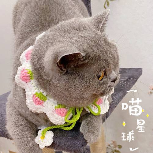 Handmade wool woven strawberry flower cat collar jewelry cute dog scarf knitted collar
