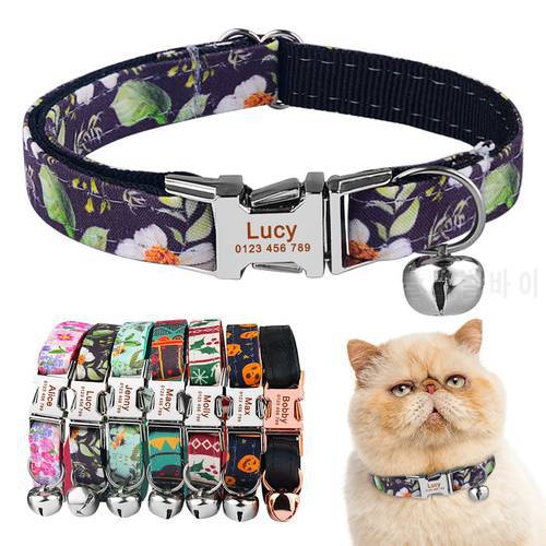 Adjustable Nylon Engraved Cat Collar Custom Name Tag Small Large Cat Collar Plaid Unisex Cat Collar Personalized Cat Collar ID