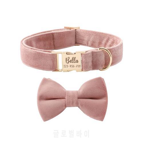 Pink Personalized Dog Collar Bow and Leash Set,Velvet Dog Collar Wedding, Girl Dog Collar,Luxury Dog Collar with Name Engraved