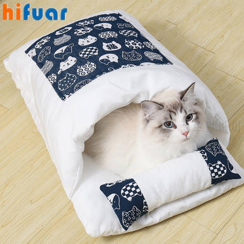 Japanese Cat Bed Warm Cat Sleeping Bag Removable Deep Sleep Winter Pet Dog Bed House for Dogs Cats Nest Cushion with Pillow