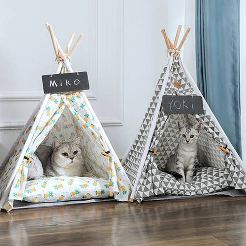 Pet Tent House Dog Bed Portable Removable Washable Teepee Puppy Cat Indoor Outdoor Kennels Cave with Cushion and Blackboard