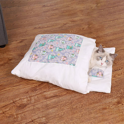 Japanese Cat Bed Winter Removable Warm Cat Sleeping Bag Deep Sleep Pet Dog Bed House Cats Nest Cushion with Pillow