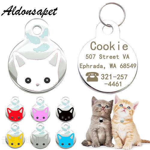 Personalized Pet Cat ID Tag Custom Free Engraved Metal Cute Cat Pattern Tags Name Phone for Kitten Cat Collar Tag Accessories