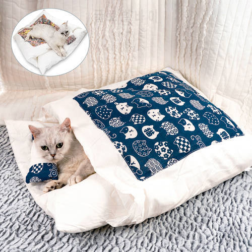 Japanese Cat Bed Warm Cat Sleeping Bag Deep Sleep Cave Winter Removable Pet House Bed for Cats Dogs Nest Cushion with Pillow