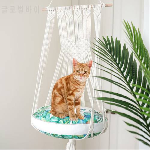 Hand-Woven Pet Cat Hanging Basket Cotton Cat Hammock All Seasons Kitten Swing Bed Washable Pet Macrame Hammock Cats Accessories