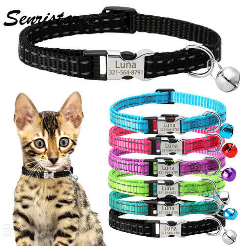 Personalized Name Cat Collar Bell Necklace Custom Engraved ID Name Metal Buckle Cat Collar Safety Reflective Nylon Cat Collar