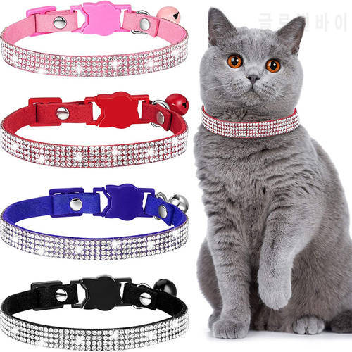 Breakaway Cat Collar with Bell Bling Rhinestone Soft Velvet Crystal Diamond Leather Puppy Kitten Collar Pet Small Dog Collars