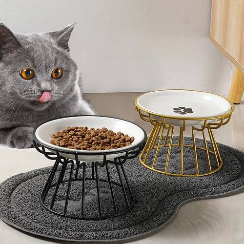 Ceramic Pet Bowl Cat Food Feeding Double Dish Stainless Steel Raised Stand Kitten Dog Water Feeder Durable Pet Accessories