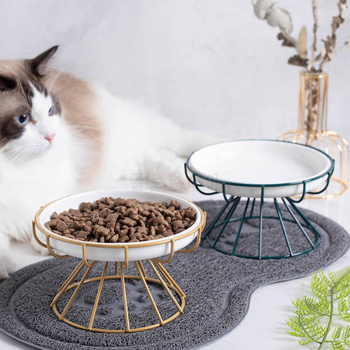 Ceramic Pet Bowl Cat Elevated Feeder Pet Feeding Double Dish Stainless Steel Raised Stand Kitten Dog Water Feeder Durable