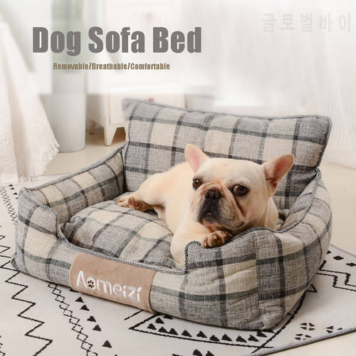 Removable Plaid Dog Bed Backrest Design Breathable Machine Washable Dogs Sofa House Soft Comfort Dogs Cats Mats Pet Accessories