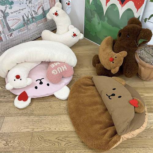 INS Winter Kennel Pet Thermal Insulation And Warm Sleeping Bag Cute Bear Semi-Open Plus Velvet Cushion Cat Puppy Dog Bed