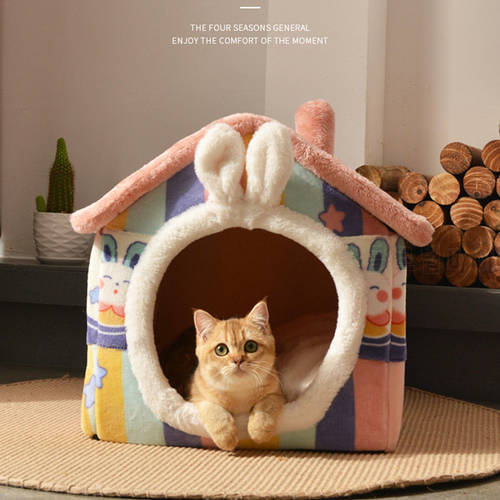 Foldable Pet Sleeping House Soft Pet Bed Small Cat Tent Winter Warm Cat Bed Cave Nest Basket with Removable Cushion Pet Supplies