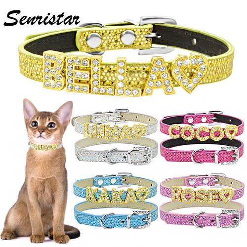 Personalized Bling Cat Collar Name Custom Rhinestone Name Cat Collar Soft Leather Pet Collar for Kitten Puppy Small Dog Collar