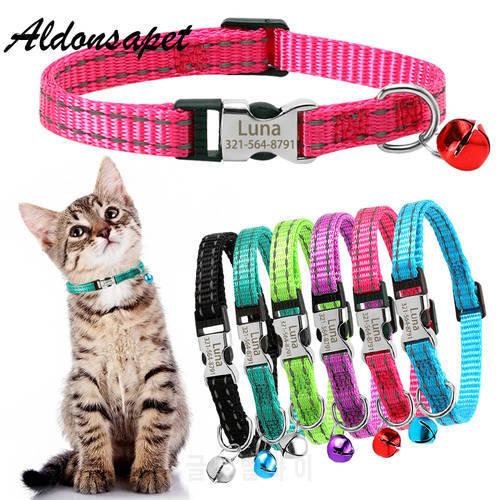 Personalized Cat Name Collar Bell Necklace Custom Engraved ID Name Metal Buckle Cat Collar Safety Reflective Nylon Cat Collar