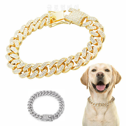 Rhinestone Dog Chain Collar Metal Strong Gold Cuban Link Dog Necklace Luxury Stainless Steel Puppy Cat Chain Collar Dog Jewelry