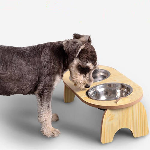Dog Bowl Adjustable Dog Food Bowl Double Stainless Steel Bowls for Dogs Feed 15 Degree Protect Neck Dogs Bowls Wood Rack Feeder