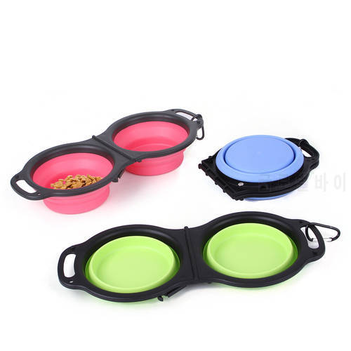 Collapsible Double Dog Bowl Cat Food Water Bowls Pet Folding Silicone Feeder Dish Outdoor Travel Portable Puppy Food Container