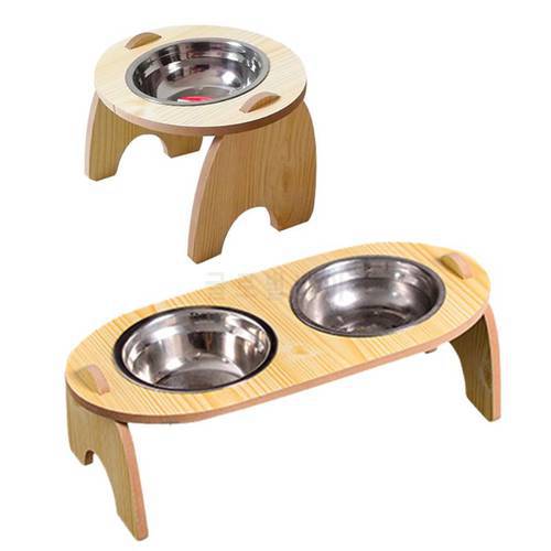 Raised Food Water Bowl Wood Frame Slanted Pet Feeding Stainless Steel Food Dispenser Tilt Angle Protect Cat&39s Spine Stress