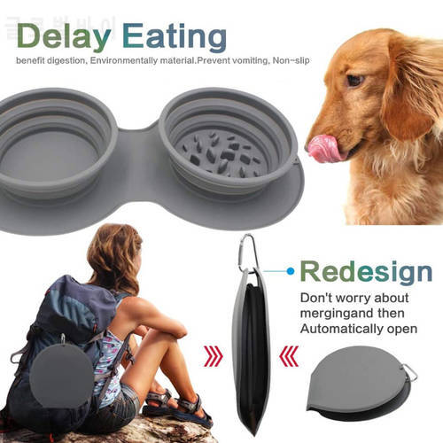 Dog Bowl Portable Outdoor Silicone Double Dog Food Bowls Foldable Non-slip Cat Bowl Pet Travel Anti-choking Vomiting FeedingBowl
