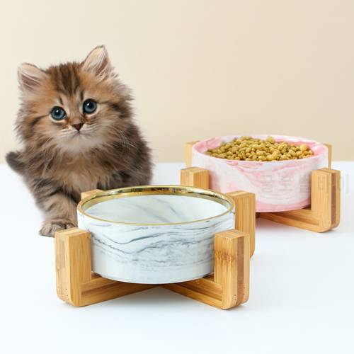 Dog Bowl Ceramic Feeder Marbling Dish Pet with Wooden Stand Drinking Water Non-Slip No Spill Bowl for Cat Puppy Feeding Supplies
