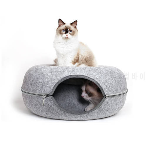 Trendy Cat Bed for Indoor Cats Cat Tunnel and Round Donut Bed Large Cat Cave Bed Cat Hard Felt Zipper Cushion for All Seasons