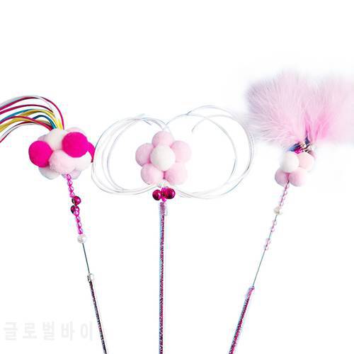 Pink Color 3PCS Cat Wand Toys Interactive Pom Pom Tassels Feather Cat Teasers Pet Stick Toys For Animals Pet Cats Entertainment