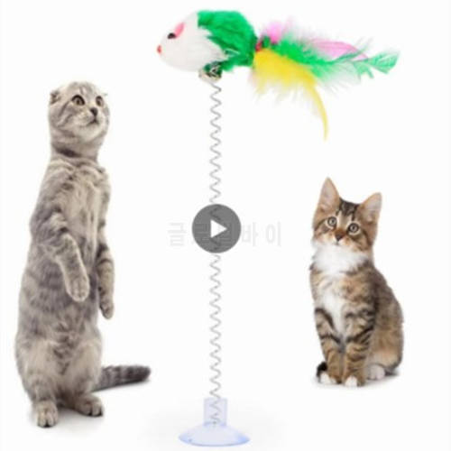 Spring Cats Toy Funny Interactive Suction Spring Pets Toy Elastic Interesting Colorful Mouse Feather Bottom Sucker Cat Supplies