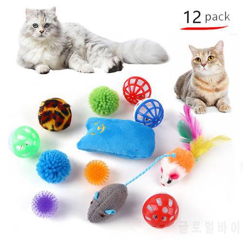 12pcs Mouse Shape Balls Pet Cat Toy SetFeather Teaser Wand Toys Cats Grinding Catnip Toys Funny Cat Stick Ball for Indoor Play