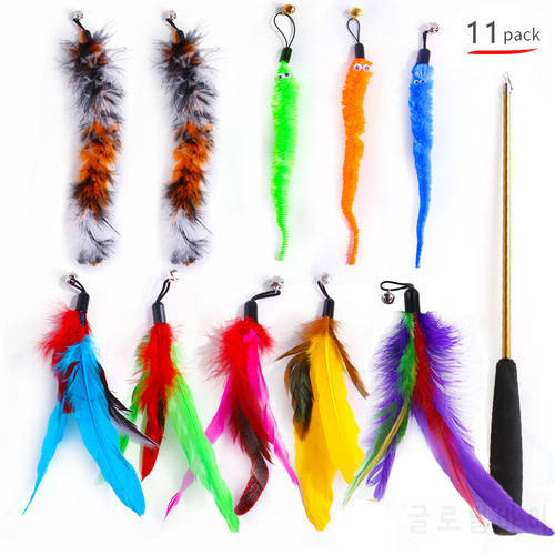 11PCS Cat Toys Kitten Toys Assortments Cat Feather Toys Retractable Cat Wand Toy Replacement Teaser with Bell Refills Cat Toys